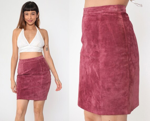 Suede Mini Skirt 90s Gitano Leather Skirt Deep Pink Pencil Wiggle Party Retro Simple Plain Going Out High Waisted Vintage 1990s Small S