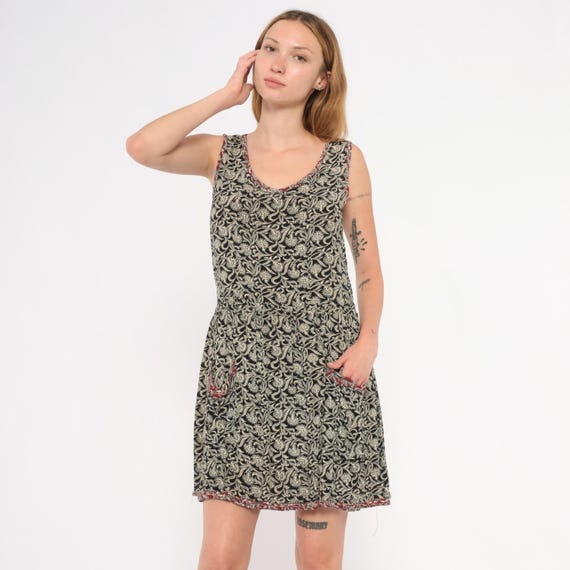 90s Mini Hippie Dress Floral Tank Black Sleeveless Front Patch Pockets Red Trim Vine Print Summer Sundress Cottagecore Bohemian Small S