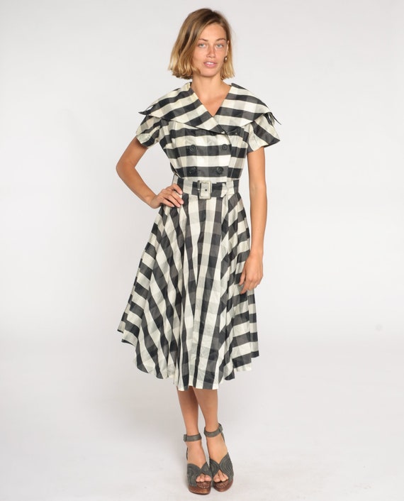 50s Day Dress Gingham Midi Dress Black White Double Breasted Button Up Sailor Collar High Waisted Rockabilly Pinup Vintage 1970s Medium