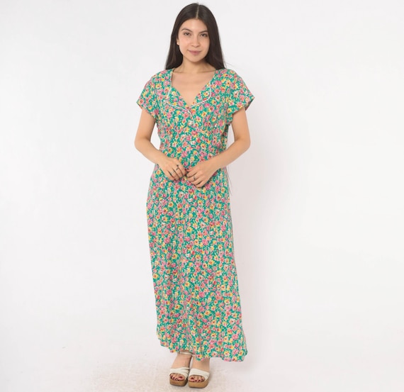 90s Floral Maxi Dress Green Pink Yellow Cottagecore V Neck Lace Trim Wrap Bodice Prairie Garden Summer Feminine Vintage Whimsy Fairy Large L