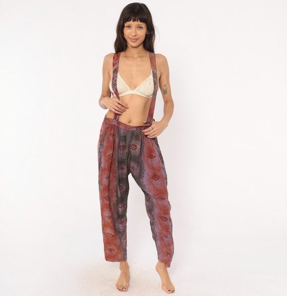 90s Tie Dye Suspender Pants Grid Print Pleated Trousers Crossback Strap Purple Mosaic Loose Fit Dungaree Hippie Bohemiann Vintage Medium M