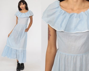 Peasant Sun Dress 70s Sundress Maxi Boho Off Shoulder Dress Blue Pinstripe Long Pastel Vintage 1970s Bohemian Summer Striped Extra Small xs