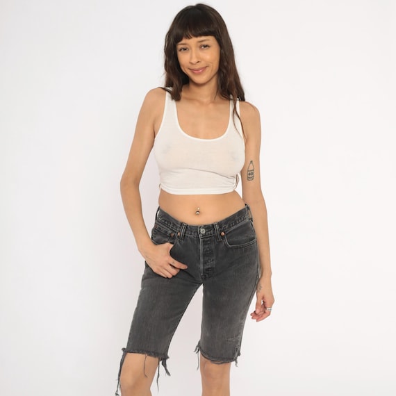 Levis 501 Cutoff Bermuda Shorts Faded Black Gray Denim Jean Long Button Fly Cotton Raw Hem Distressed Grunge Cut Off 2000s Vintage Small S