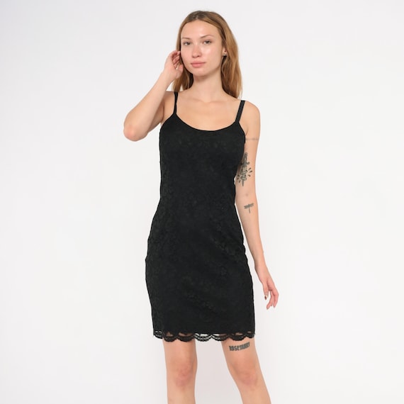 90s Black Lace Slip Dress Scalloped Hem Spaghetti Strap Fitted Mini Cocktail Party Going Out Clubbing Night Evening Extra Small XS