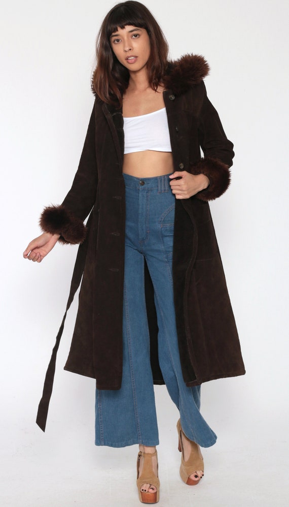 Hooded Suede Jacket 70s Long Bohemian Coat Brown Almo… Gem