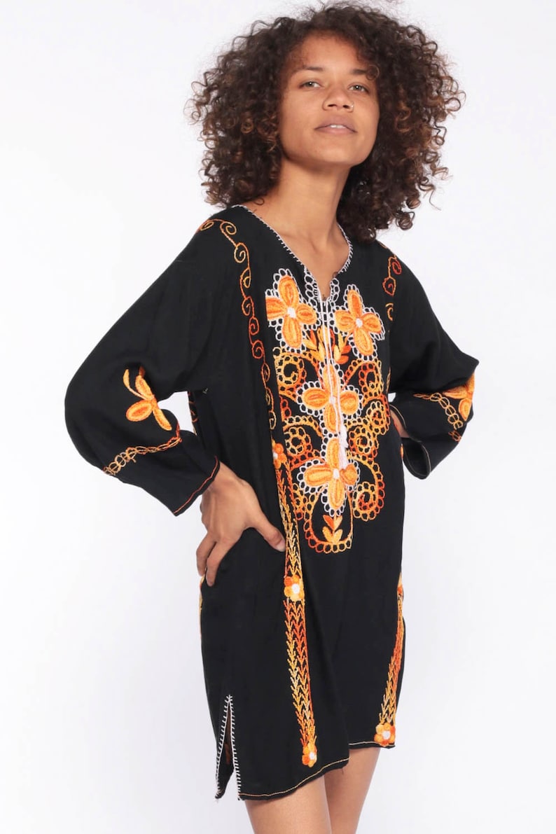 Floral Embroidered Blouse Floral Ethnic Black Hippie Shirt Tunic Top Boho Indian 1970s Bohemian Festival Long Sleeve Extra Small xs