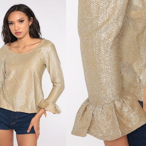 60s Metallic Blouse Gold Silver Shirt Party Top Bell Sleeve Shirt 1960s Going Out Sparkly Vintage 70s Sparkle Evening Top Extra Small xs s