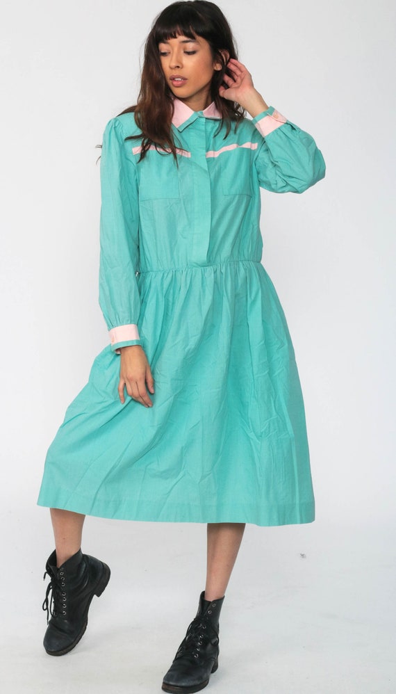 Turquoise Dress Midi 80s Shirtwaist Puff Sleeve D… - image 4