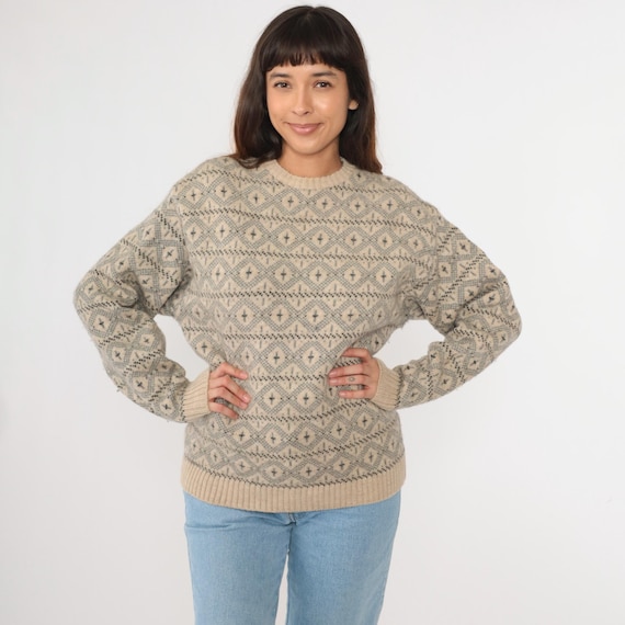 Vintage 90s Sweater Beige Wool Geometric Knit Pullover Sweater Striped Print Crewneck Grey Retro 1990s Medium