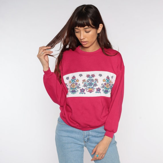 Graphic Floral Sweatshirt Deep Pink 80s Sweatshirt Flower Print 90s Grandma Sweatshirt Bouquet Flower Print Retro Vintage Medium M