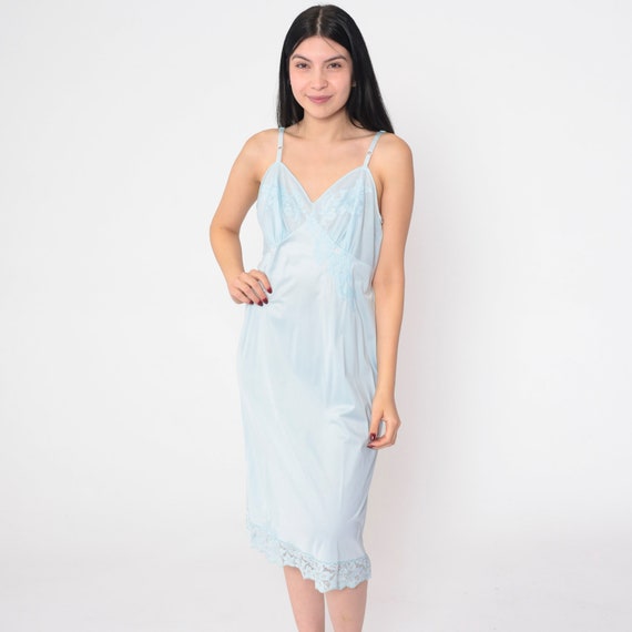 Baby Blue Slip Dress 70s Floral Lingerie Nightgown Midi Full Slip V Neck Empire Waist Spaghetti Strap Pastel Boudoir Vintage 1970s Medium 36