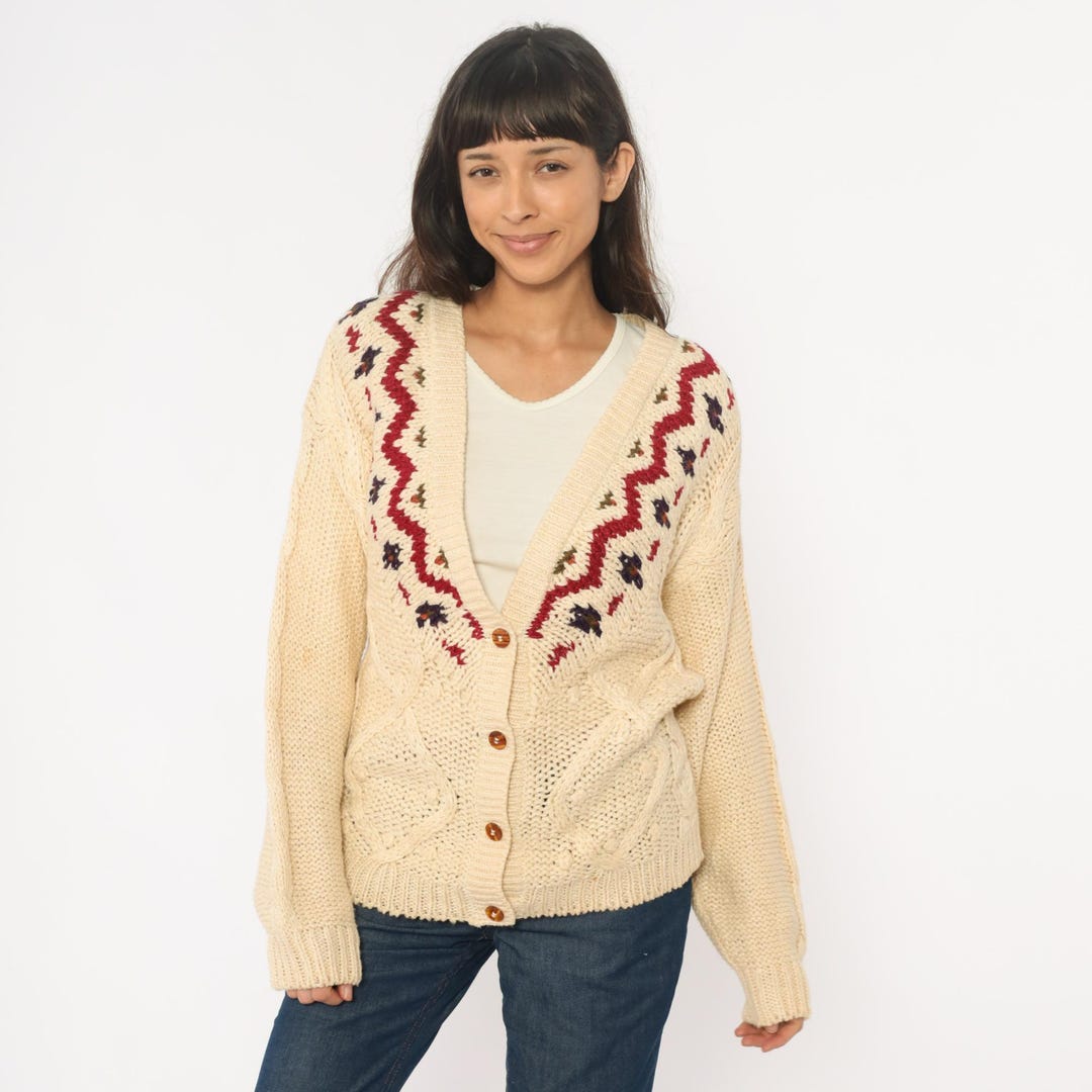 Fair Isle Cardigan 90s Cable Knit Button Front Cream Ivory Beige