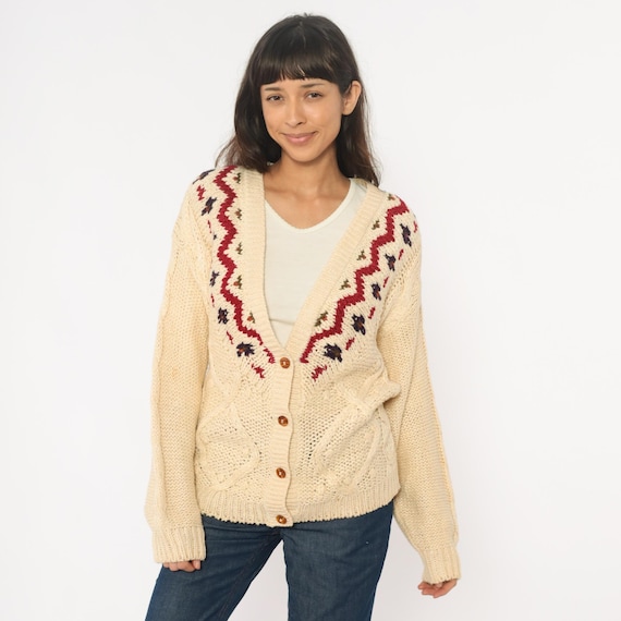 Fair Isle Cardigan 90s Cable Knit Button Front Cream Ivory Beige Nordic Stripe Pattern V Neck Chunky Knit Grandpa Sweater Vintage Medium M