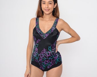 Schwarzer Blumen-Badeanzug der 80er Jahre One Piece V-Ausschnitt Bademode Vintage 1980er Jahre Medium