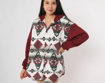 Tribal Hoodie Burgundy 90s Southwest Print Geometric Pattern Long Sleeve Pullover Hooded Sweatshirt Aztec Design Cozy Medium M