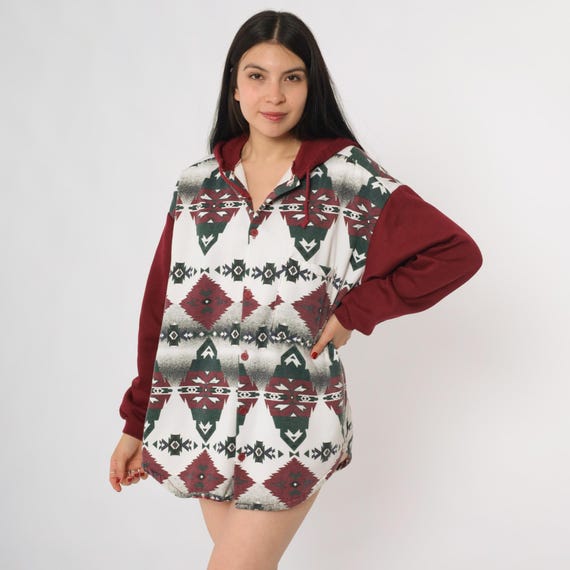 Tribal Hoodie Burgundy 90s Southwest Print Geometric Pattern Long Sleeve Pullover Hooded Sweatshirt Aztec Design Cozy Medium M