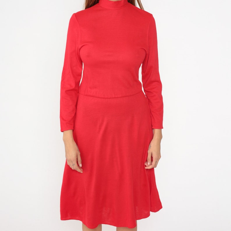 Red Acrylic Dress 70s 80s Mock Neck Midi Dress Long Sleeve Dress Pocket Low Waist Secretary Long Sleeve 1980s Vintage Plain Medium Large image 8