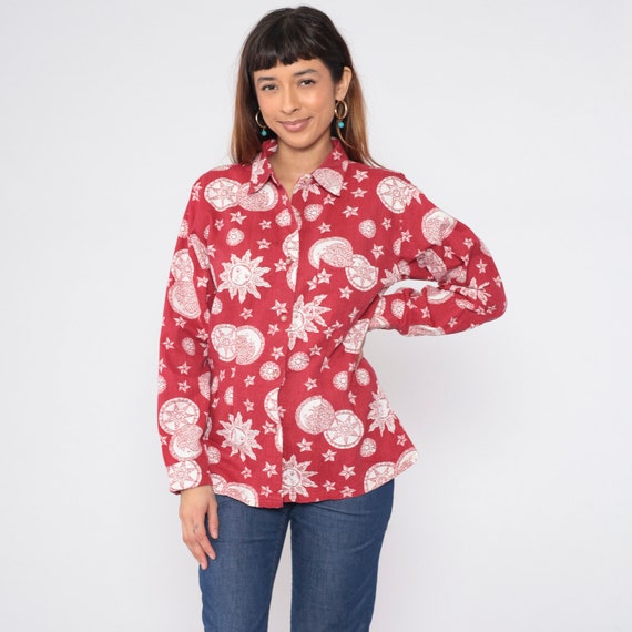 Celestial Shirt 90s Red Button up Blouse Sun Star Moon Cosmic Print Long Sleeve Collared Top Chest Pocket Hippie Cotton Vintage 1990s Medium