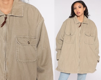 Tan Corduroy Jacket Y2k Zip Up Windbreaker Fleece Lined Jacket Retro Hipster 00s Vintage Normcore Plain Hiking Jacket Mens Extra Large XL