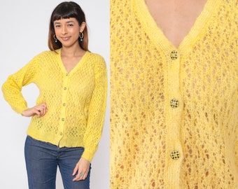Sheer Yellow Cardigan 80s Knit Button Up Sweater Cutout Open Weave Cut Out Retro Spring Grandma Acrylic Boho Hippie Vintage 1970s Medium M