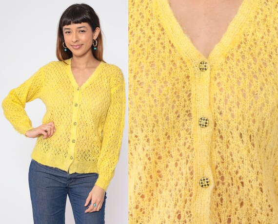 Sheer Yellow Cardigan 80s Knit Button up Sweater Cutout Open
