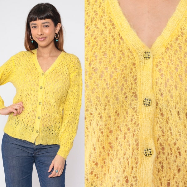 Sheer Yellow Cardigan 80s Knit Button Up Sweater Cutout Open Weave Cut Out Retro Spring Grandma Acrylic Boho Hippie Vintage 1970s Medium M