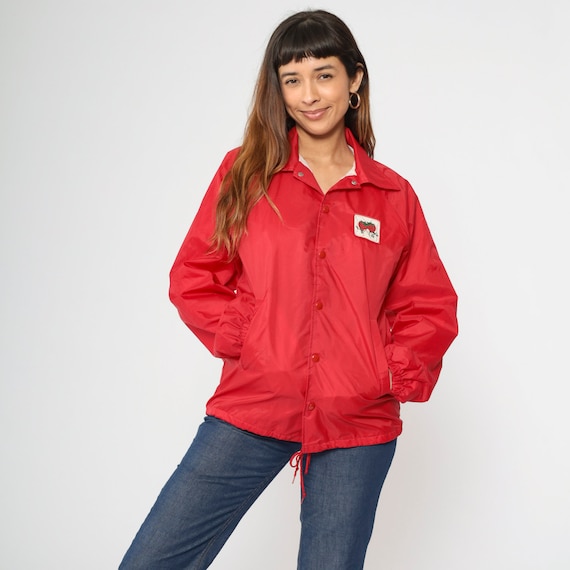 70s Windbreaker Jacket Red Strawberry N Patch Snap Button Up Varsity Jacket Sports Vintage 1970s Sportswear Uniform Small