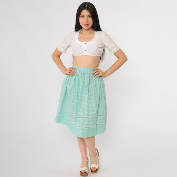 Vintage Gingham Skirt 60s Mint Green Crochet Lace Inserts High Waist Full Prairie Picnic Tea Retro Mid Century Mod Summer Small S