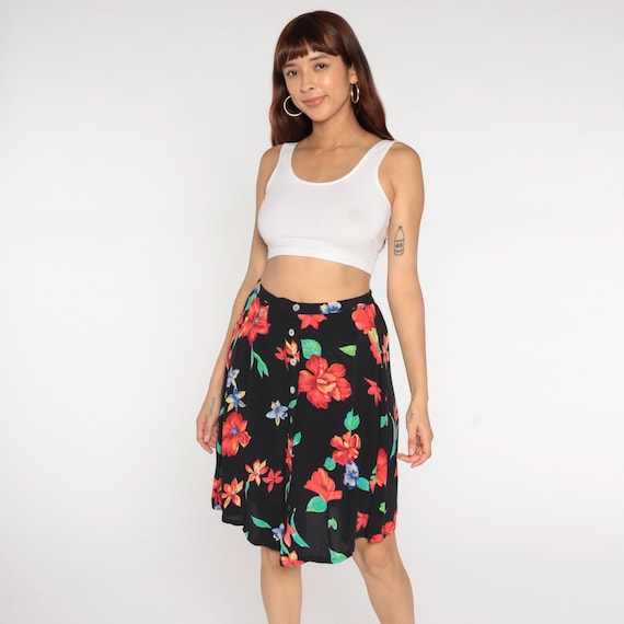 90s Floral Skirt Black Red Coral Blue Flowers Button Front Mini Hawaiian Tropical Vintage Summer Spring Vacation High Waist Petite Large L