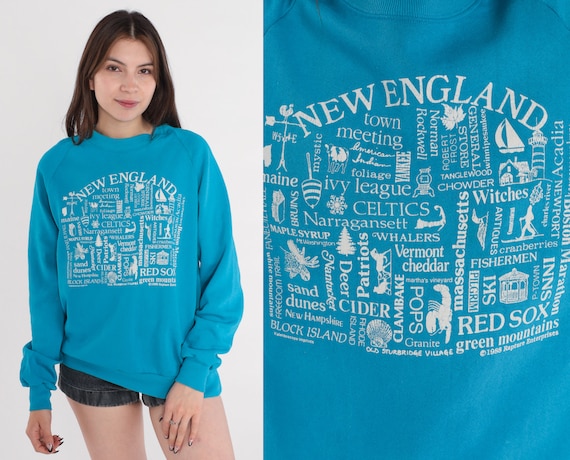 New England Sweatshirt 80s Blue Raglan Sleeve Pullover Sweater NE State Red Sox Celtics Landmarks Graphic Shirt Vintage 1980s Jerzees Large