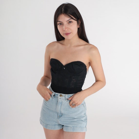 Vintage Bustier Corset 32B -- Black Lace Lingerie Bra Boned 80s Strapless Top Sweetheart Neckline 1980s Cinched Waisted 32B Extra Small xs