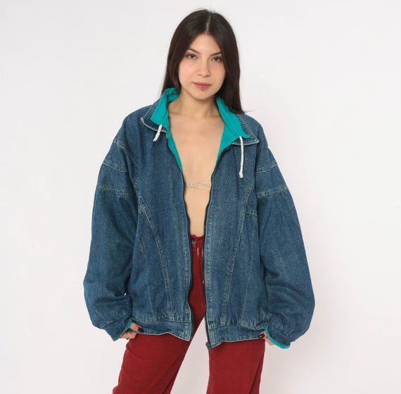90s Denim Bomber Jacket Blue Jean Dark Wash Zip Front Cotton Teal Collar Drawstring Pockets Coat Long Sleeve Womens Unisex Medium M