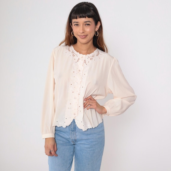 90s Pink Cutout Lace Blouse Floral Embroidered Button up Top Cutwork Shirt Cut Out Long Sleeve Hippie Bohemian Vintage 1990s Large L
