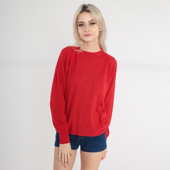 Red Knit Sweater 90s Plain Lambswool Pullover Cre… - image 2