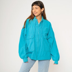 Vintage 90s Blue Windbreaker Cargo Pocket Zip Up Bomber Jacket 80s Drawstring Neck Plain Retro 1990s 2xl xxl
