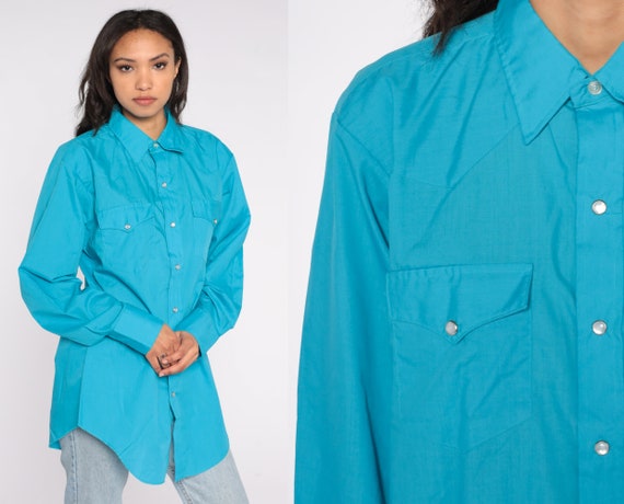 Blue Pearl Snap Shirt 90s Turquoise Button Up Western Collared Cowboy Top Plain Rodeo H Bar C 1990s Vintage Collar Long Sleeve Men's Large L