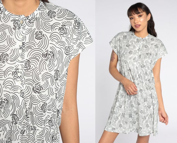 80s Floral Dress Black White Mini Cap Sleeve Dress Button Up Dress Secretary Dress Vintage 1980s High Waisted Bohemian Extra Large xl