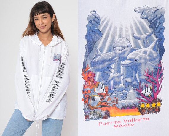 Puerto Vallarta Mexico Jacket 90s Dolphin Hooded Windbreaker Mexico White Zip Up Hoodie Tropical Fish Retro Hood Vintage 1990s Medium