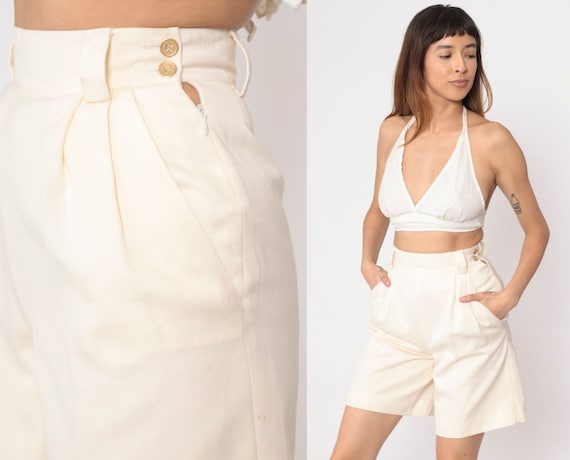 90s Cream Trouser Shorts Pleated Shorts Crisp High Waisted Retro Trouser Polyester Wool Summer Formal Party Vintage 1990s Small 26