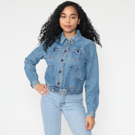 GUESS Jean Jacket 90s Denim Jacket Vintage Jacket Trucker Biker Blue Jean Jacket Button Up 1990s Coat Women's Small S