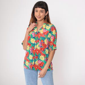 Vintage Floral Blouse 90s Bright Multicolor Button Up Shirt Short Sleeve Top Retro Red Flower Print Summer Vintage 1990s Medium Large