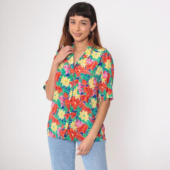 Vintage Floral Blouse 90s Bright Multicolor Button Up Shirt Short Sleeve Top Retro Red Flower Print Summer Vintage 1990s Medium Large