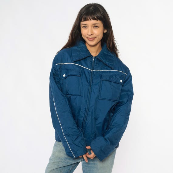 70s Western Puffer Jacket Navy Blue Quilted Ski Outdoor Coat Zip Front White Piping Vintage Gorpcore Grunge Hiking Windbreaker Large L