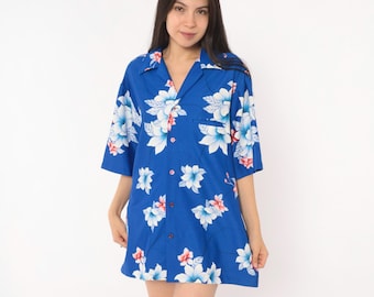 70s Hawaiian Shirt Hilo Hatties Blue Floral Button Front Camp Collar Short Sleeve Tropical Orchid White Island Vacation Unisex Medium M