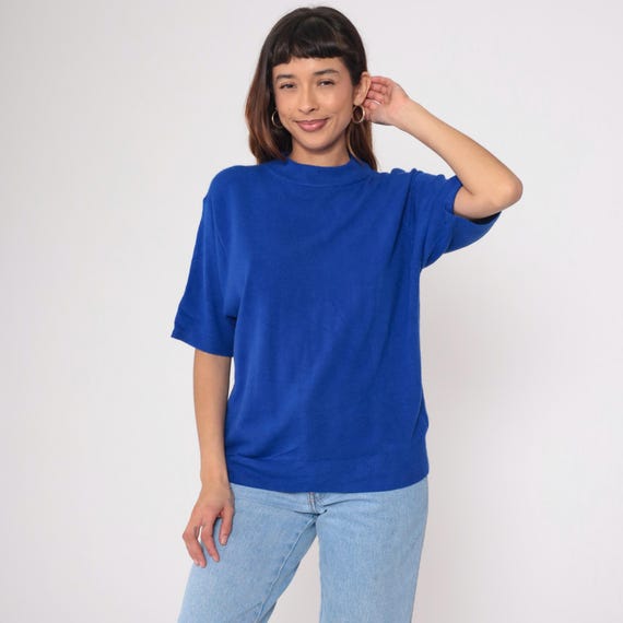 Royal Blue Sweater 90s Short Sleeve Knit Top Crew Neck Ribbed Trim Pullover Jumper Acrylic Minimalist Boxy Fit Sweater Office Wear Large L