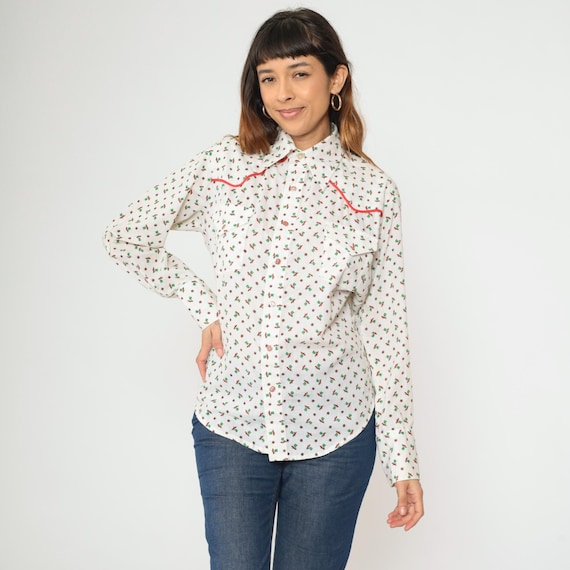Vintage Floral Western Shirt 70s White Button up Top Green Red Piping Flower Print Yoke Long Sleeve Rodeo Cowboy 1970s Men's Medium M