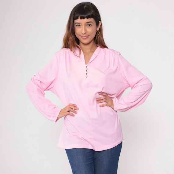 70s Pink Blouse Pearl Button Collared V Neck Tunic Loose Fit Secretary Top Coquette Vintage Romantic Preppy Office Summer Extra Large XL