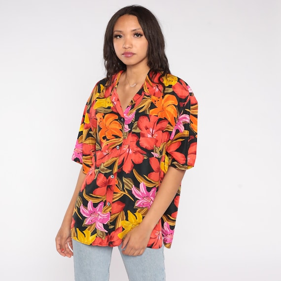Hawaiian Silk 90s Shirt Tropical Floral Print Button Up Vacation Beach Summer Boho Retro Paradise Island Cruise Hibiscus Large L