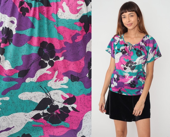 Keyhole Floral Shirt 80s Tropical Tie Neck Blouse Abstract Flower Print Top Boho Short Sleeve Retro Colorful Vintage 1980s Small Medium
