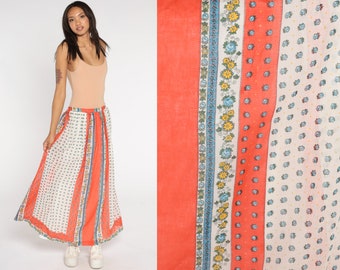 Floral Bohemian Skirt Maxi 70s Long Skirt Orange White High Waist Hippie 1970s Boho Vintage Bohemian Retro Medium